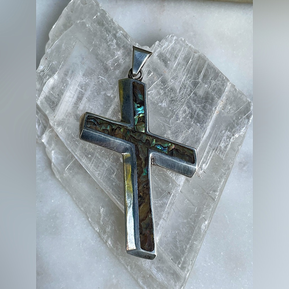Vintage Sterling Silver & Abalone Shell Cross Pendant/Abalone Inlay Silver Cross